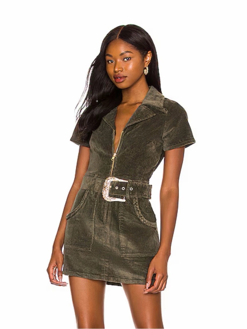 Show Me Your Mumu Olive Utility Zip-Front Mini Dress with Belt